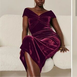 Reformation Toulon Velvet Off-Shoulder Midi Dress in Burgundy